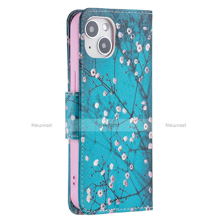 Leather Case Stands Flip Flowers Cover L01 Holder for Apple iPhone 13 Cyan