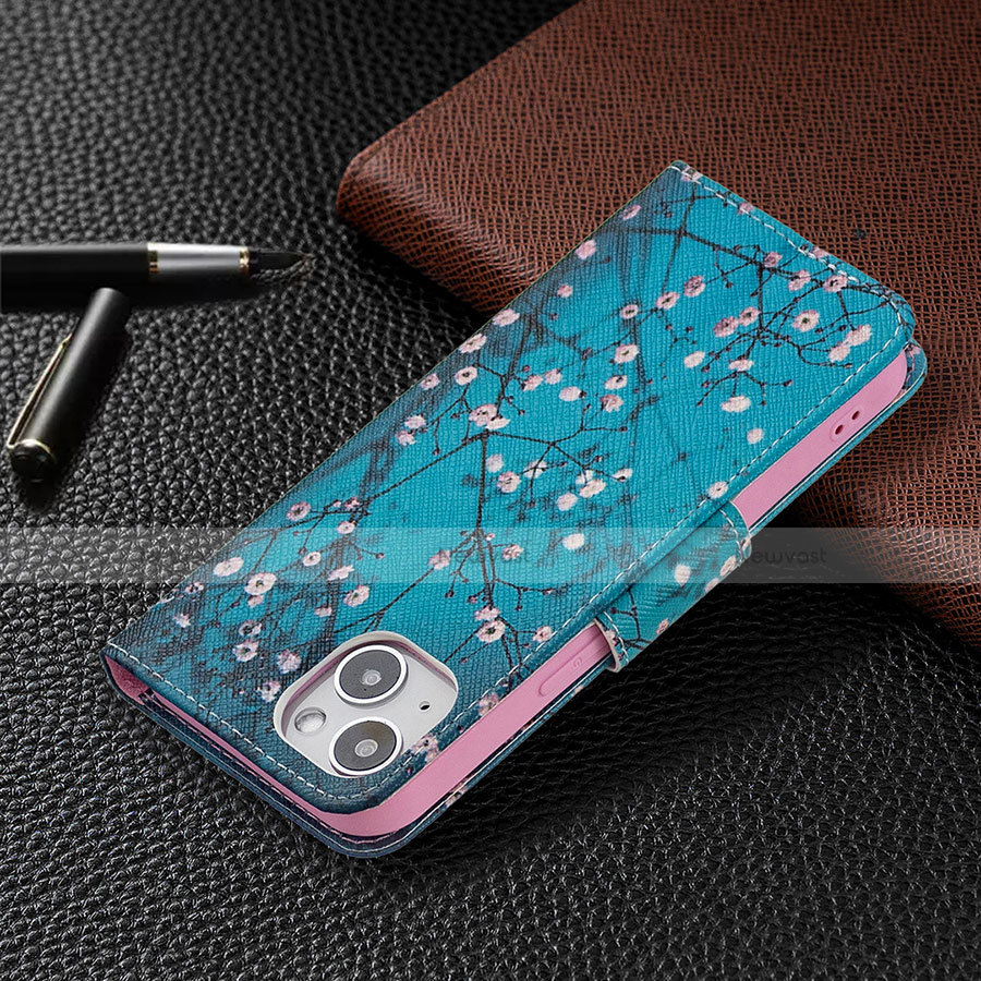 Leather Case Stands Flip Flowers Cover L01 Holder for Apple iPhone 13 Cyan