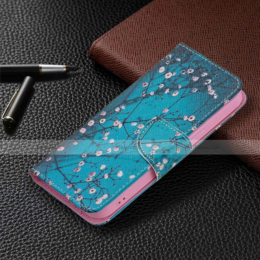 Leather Case Stands Flip Flowers Cover L01 Holder for Apple iPhone 13 Mini Cyan