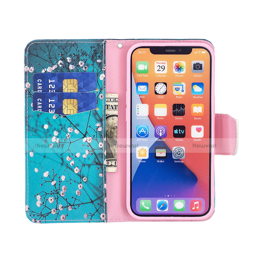 Leather Case Stands Flip Flowers Cover L01 Holder for Apple iPhone 14 Plus Cyan