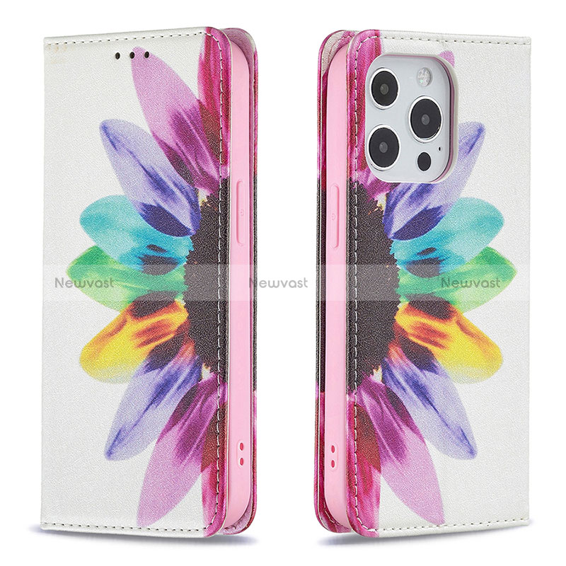 Leather Case Stands Flip Flowers Cover L01 Holder for Apple iPhone 14 Pro Max Pink