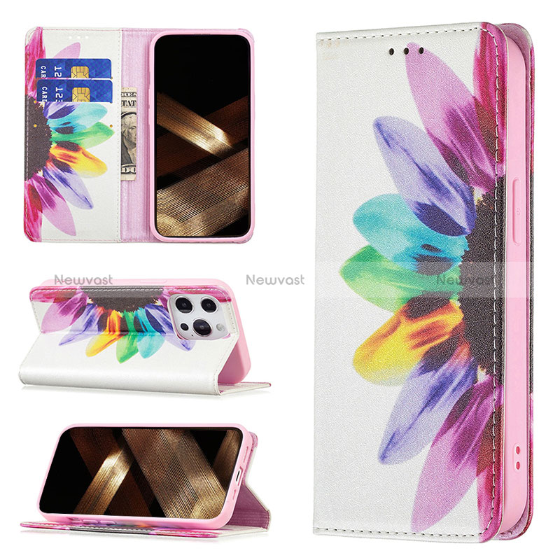 Leather Case Stands Flip Flowers Cover L01 Holder for Apple iPhone 14 Pro Max Pink