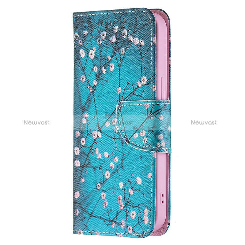 Leather Case Stands Flip Flowers Cover L01 Holder for Apple iPhone 15 Cyan