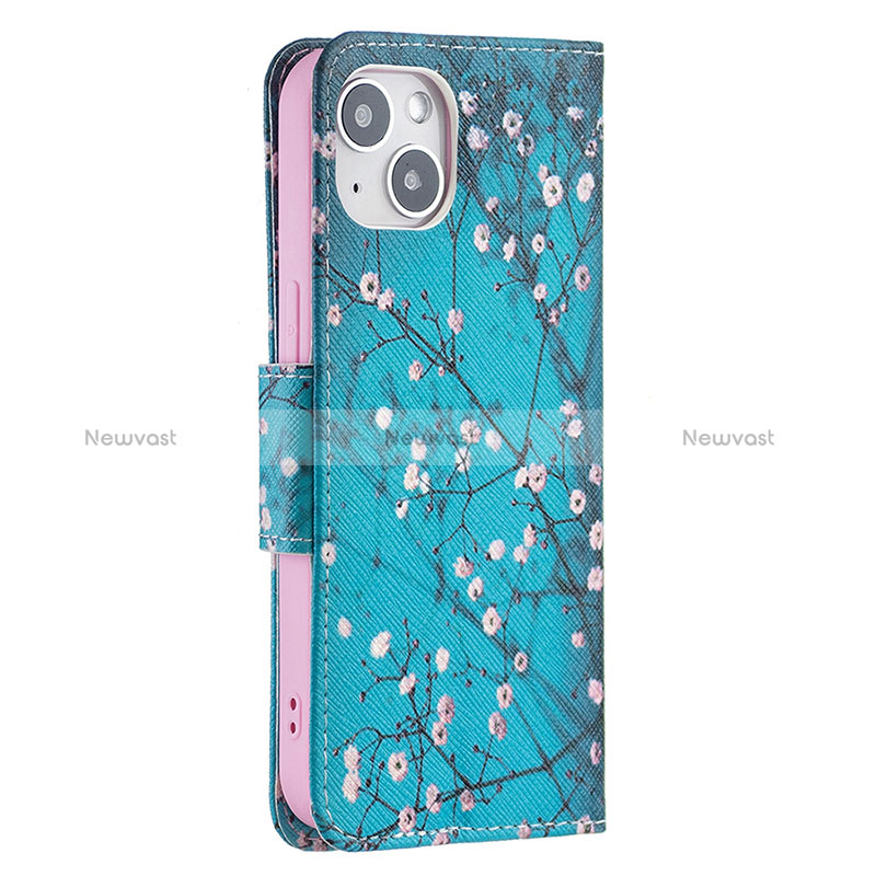 Leather Case Stands Flip Flowers Cover L01 Holder for Apple iPhone 15 Cyan