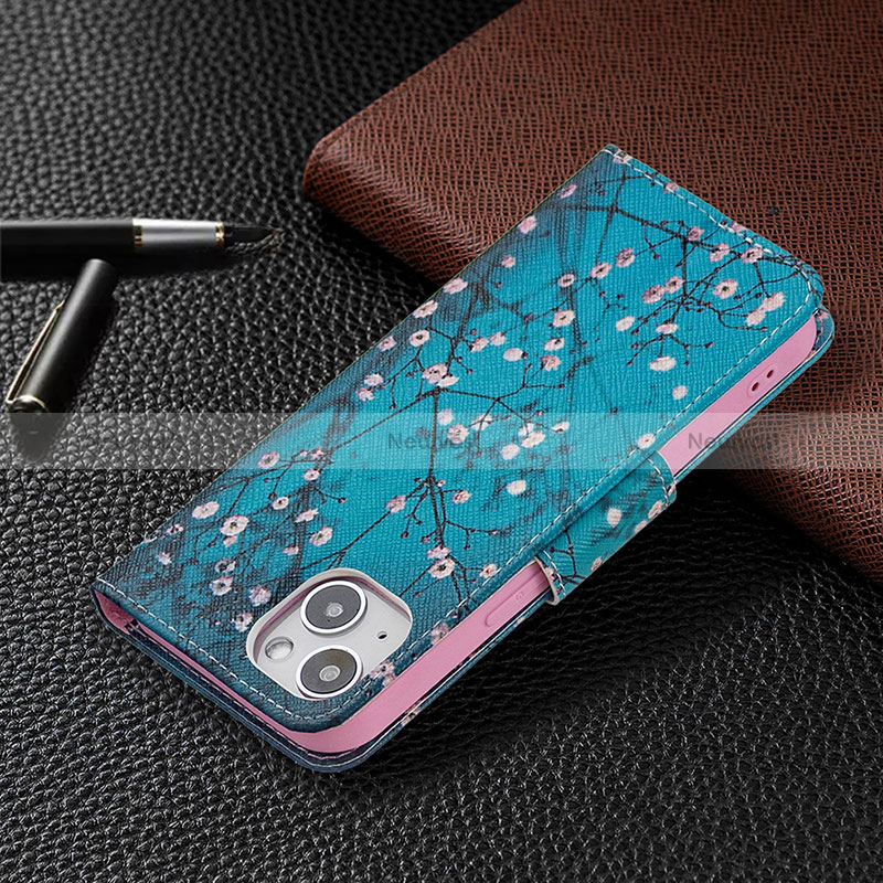 Leather Case Stands Flip Flowers Cover L01 Holder for Apple iPhone 15 Cyan