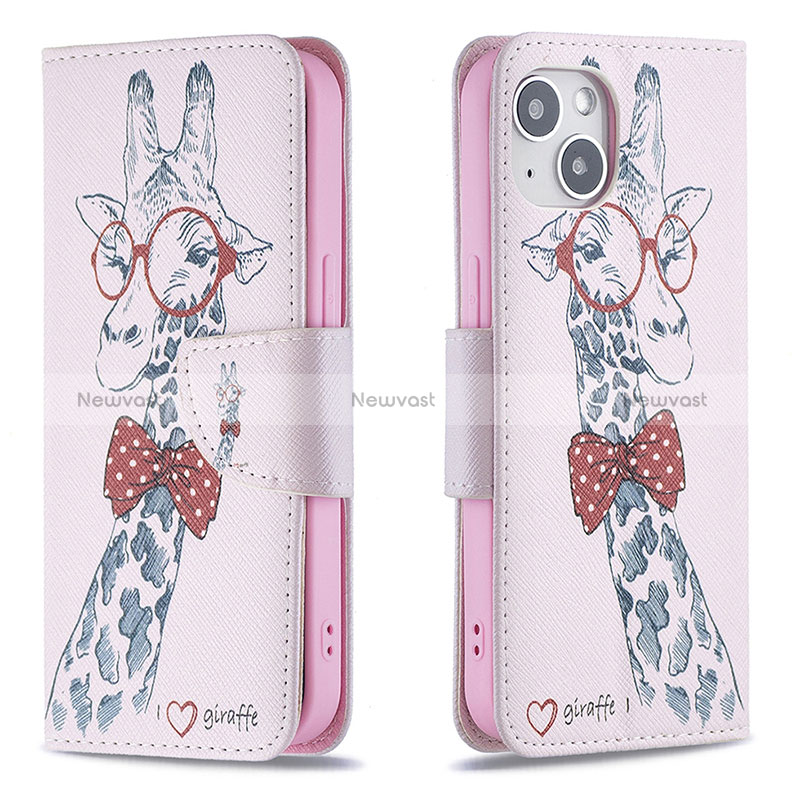 Leather Case Stands Flip Flowers Cover L01 Holder for Apple iPhone 15 Pink