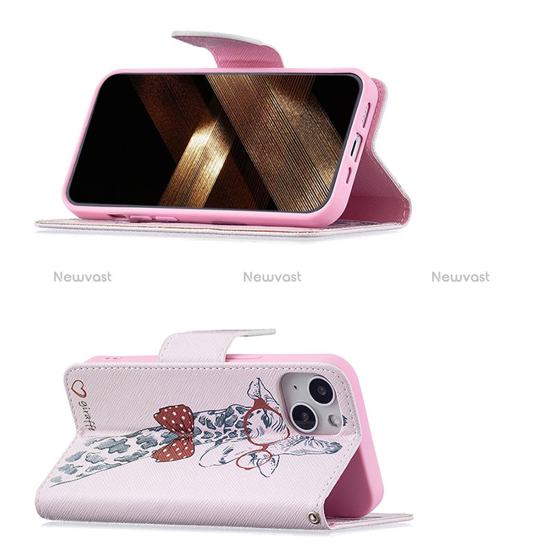 Leather Case Stands Flip Flowers Cover L01 Holder for Apple iPhone 15 Pink