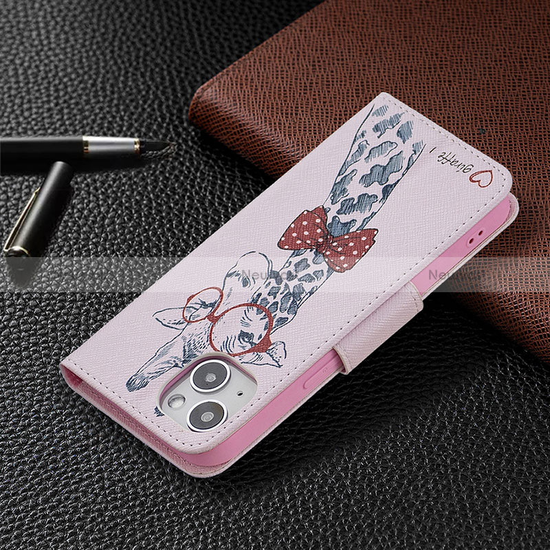 Leather Case Stands Flip Flowers Cover L01 Holder for Apple iPhone 15 Pink