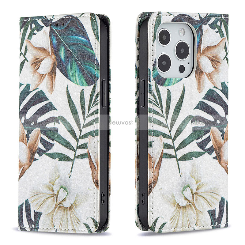 Leather Case Stands Flip Flowers Cover L01 Holder for Apple iPhone 15 Pro Mixed