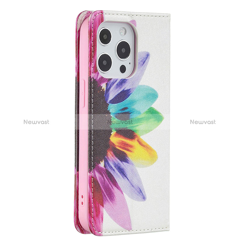 Leather Case Stands Flip Flowers Cover L01 Holder for Apple iPhone 15 Pro Pink