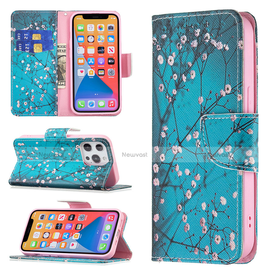 Leather Case Stands Flip Flowers Cover L02 Holder for Apple iPhone 13 Pro Cyan