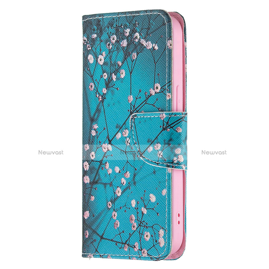 Leather Case Stands Flip Flowers Cover L02 Holder for Apple iPhone 13 Pro Cyan