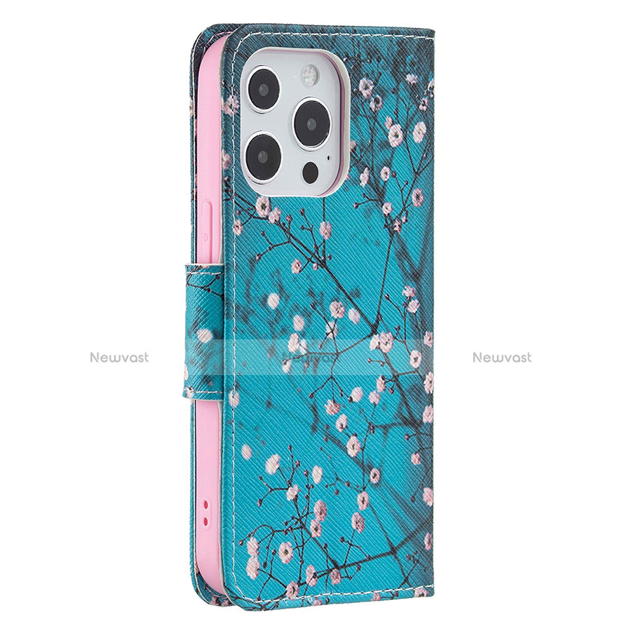 Leather Case Stands Flip Flowers Cover L02 Holder for Apple iPhone 13 Pro Cyan