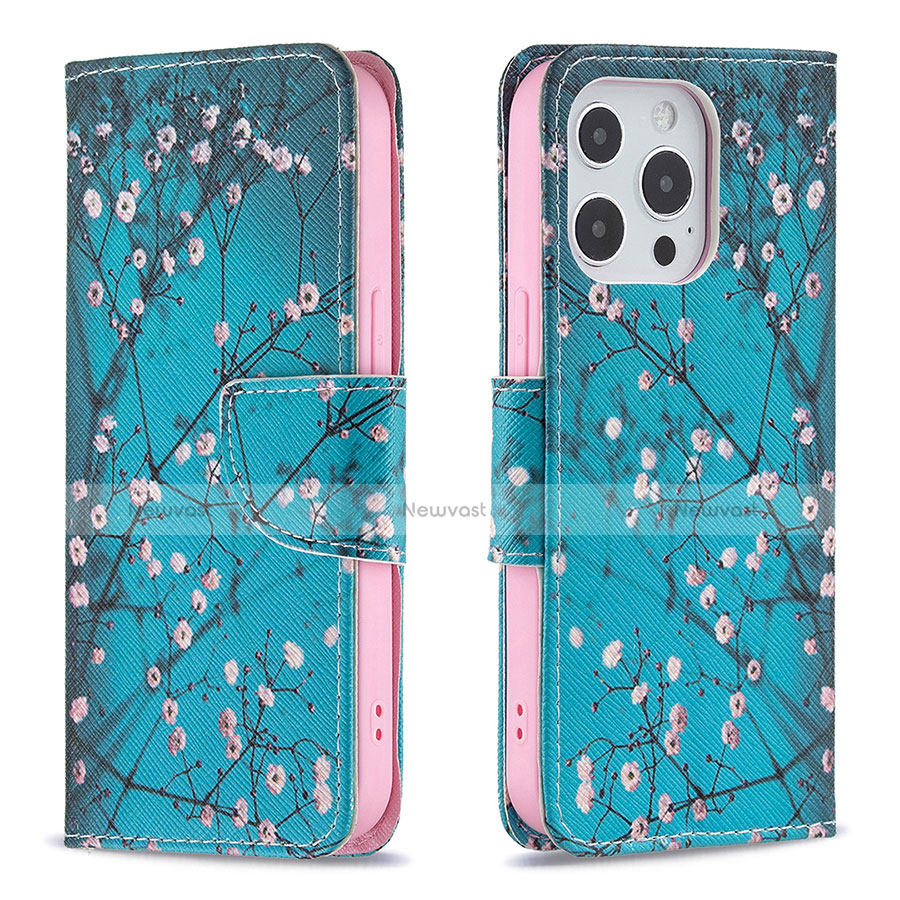 Leather Case Stands Flip Flowers Cover L02 Holder for Apple iPhone 13 Pro Cyan