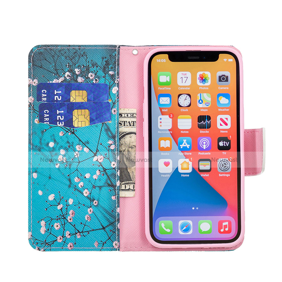 Leather Case Stands Flip Flowers Cover L02 Holder for Apple iPhone 13 Pro Cyan