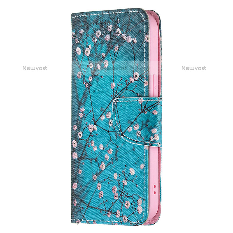 Leather Case Stands Flip Flowers Cover L02 Holder for Apple iPhone 14 Pro Cyan