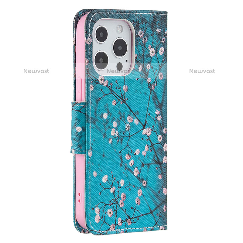 Leather Case Stands Flip Flowers Cover L02 Holder for Apple iPhone 14 Pro Cyan