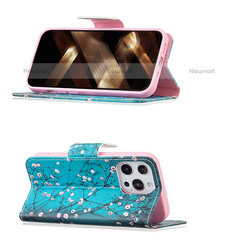 Leather Case Stands Flip Flowers Cover L02 Holder for Apple iPhone 14 Pro Cyan