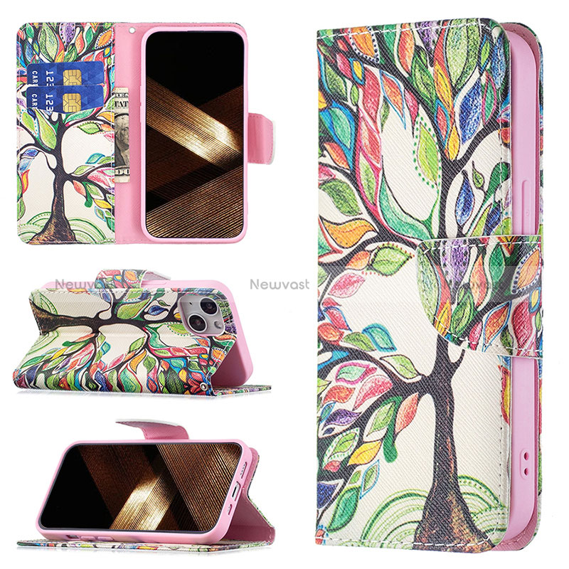 Leather Case Stands Flip Flowers Cover L02 Holder for Apple iPhone 15 Plus Mixed