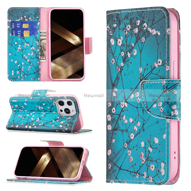 Leather Case Stands Flip Flowers Cover L02 Holder for Apple iPhone 15 Pro Cyan