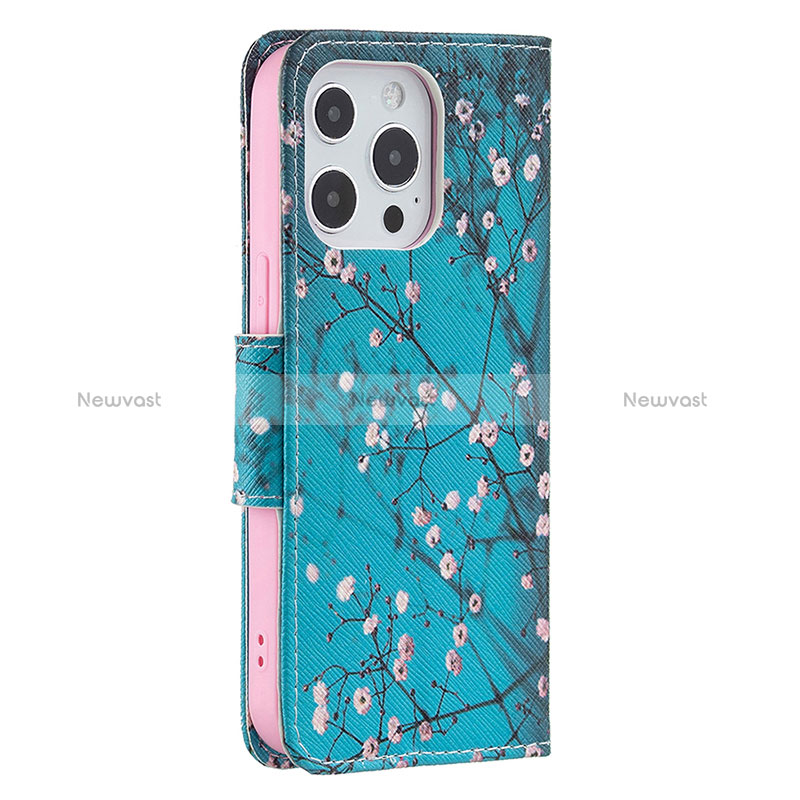 Leather Case Stands Flip Flowers Cover L02 Holder for Apple iPhone 15 Pro Cyan