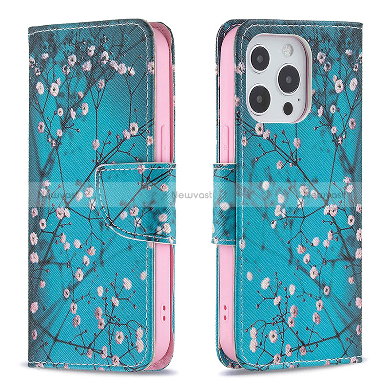 Leather Case Stands Flip Flowers Cover L02 Holder for Apple iPhone 15 Pro Cyan