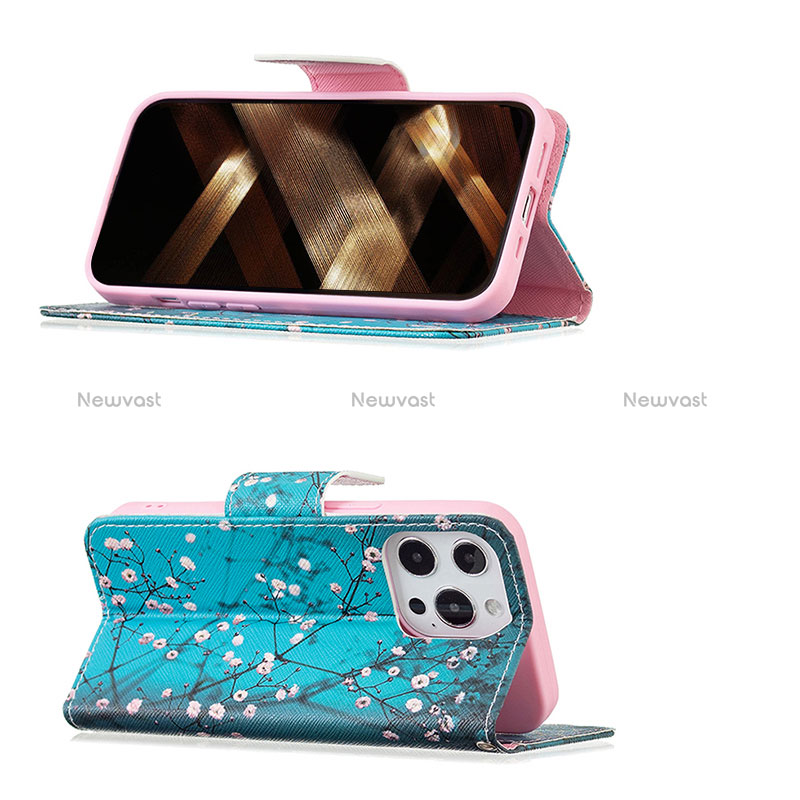 Leather Case Stands Flip Flowers Cover L02 Holder for Apple iPhone 15 Pro Cyan