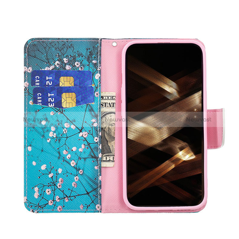 Leather Case Stands Flip Flowers Cover L02 Holder for Apple iPhone 15 Pro Cyan