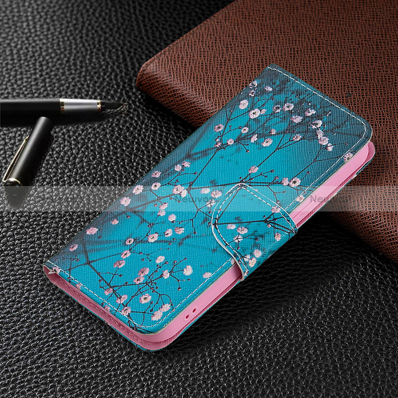 Leather Case Stands Flip Flowers Cover L02 Holder for Apple iPhone 15 Pro Cyan