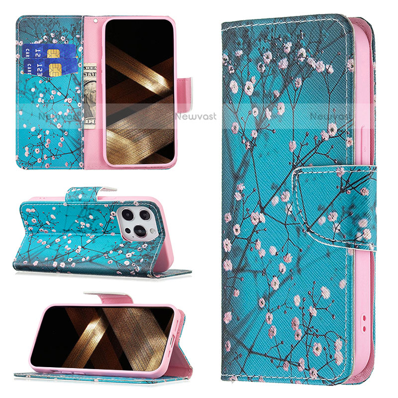 Leather Case Stands Flip Flowers Cover L02 Holder for Apple iPhone 15 Pro Max Cyan