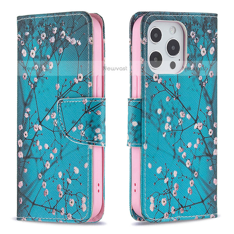 Leather Case Stands Flip Flowers Cover L02 Holder for Apple iPhone 15 Pro Max Cyan