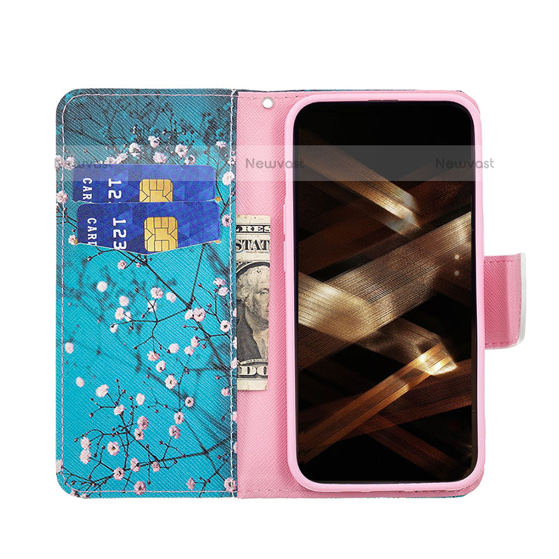 Leather Case Stands Flip Flowers Cover L02 Holder for Apple iPhone 15 Pro Max Cyan