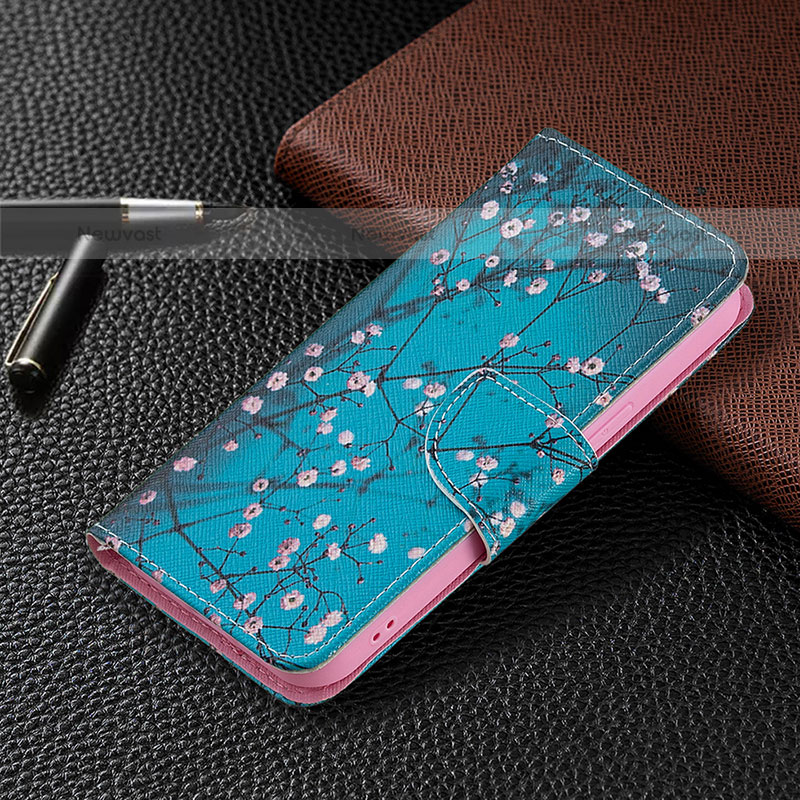 Leather Case Stands Flip Flowers Cover L02 Holder for Apple iPhone 15 Pro Max Cyan