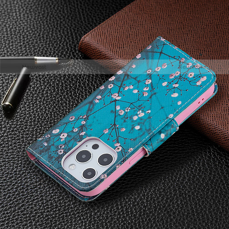 Leather Case Stands Flip Flowers Cover L02 Holder for Apple iPhone 15 Pro Max Cyan