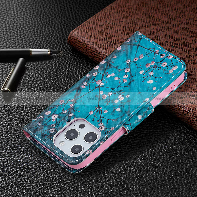 Leather Case Stands Flip Flowers Cover L02 Holder for Apple iPhone 16 Pro Cyan