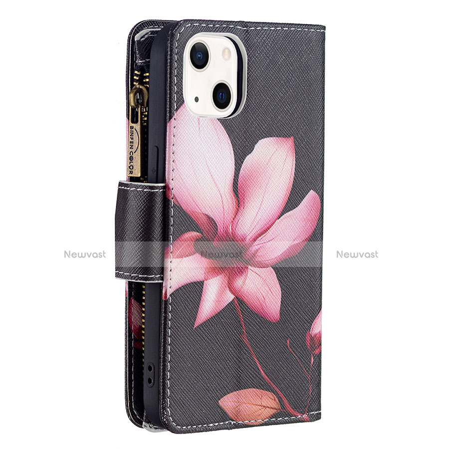 Leather Case Stands Flip Flowers Cover L03 Holder for Apple iPhone 13 Brown