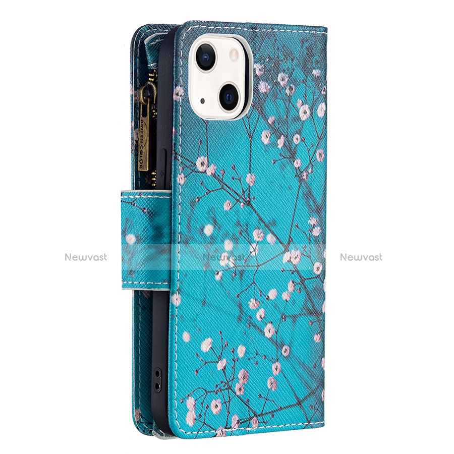 Leather Case Stands Flip Flowers Cover L03 Holder for Apple iPhone 13 Cyan