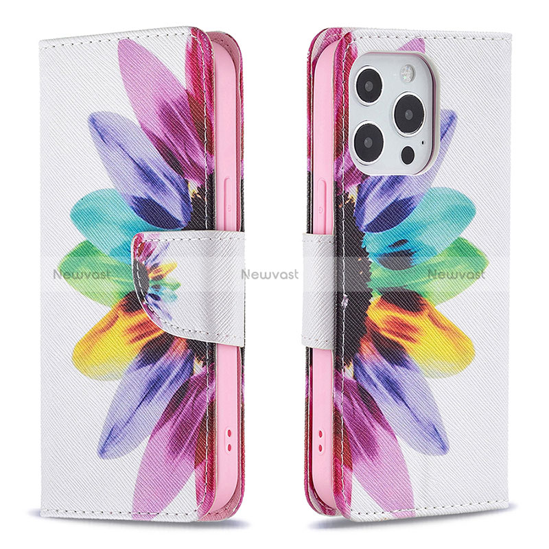 Leather Case Stands Flip Flowers Cover L03 Holder for Apple iPhone 14 Pro Max Pink