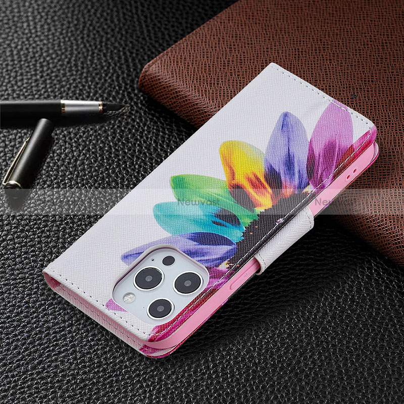 Leather Case Stands Flip Flowers Cover L03 Holder for Apple iPhone 14 Pro Max Pink