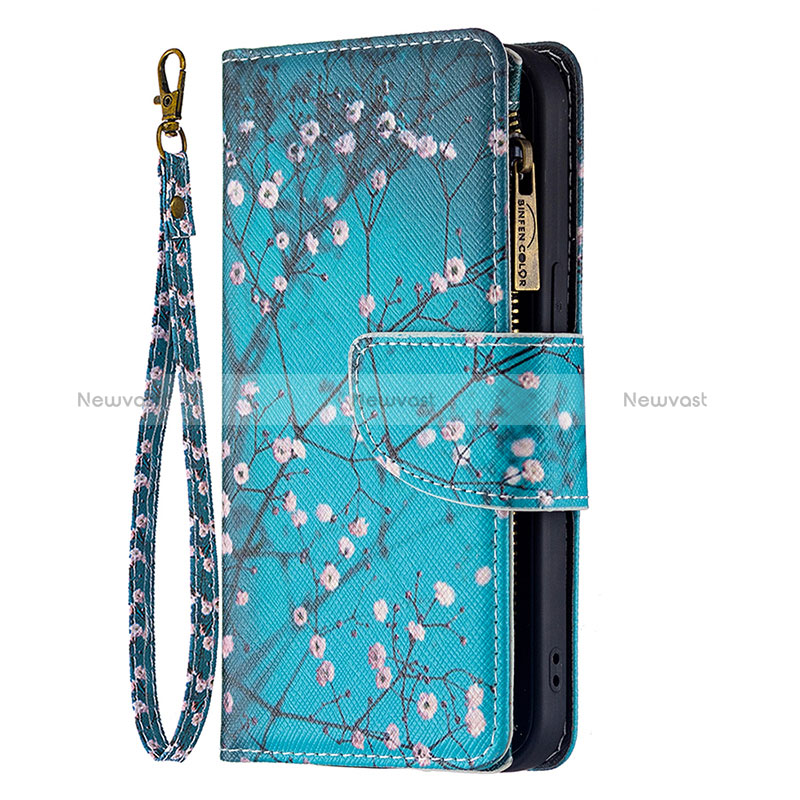 Leather Case Stands Flip Flowers Cover L03 Holder for Apple iPhone 15 Cyan