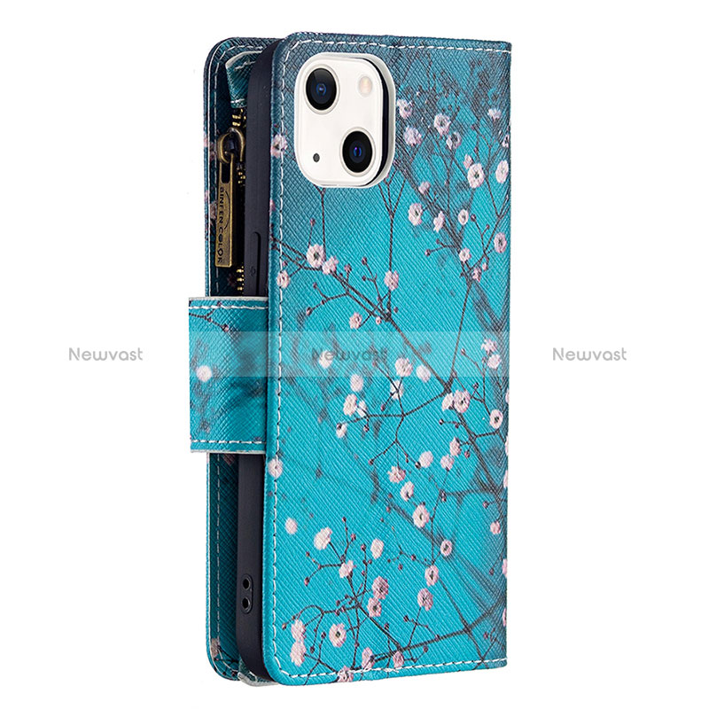 Leather Case Stands Flip Flowers Cover L03 Holder for Apple iPhone 15 Cyan