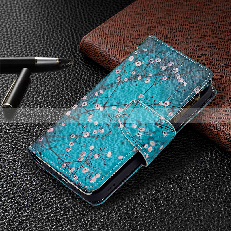 Leather Case Stands Flip Flowers Cover L03 Holder for Apple iPhone 15 Cyan