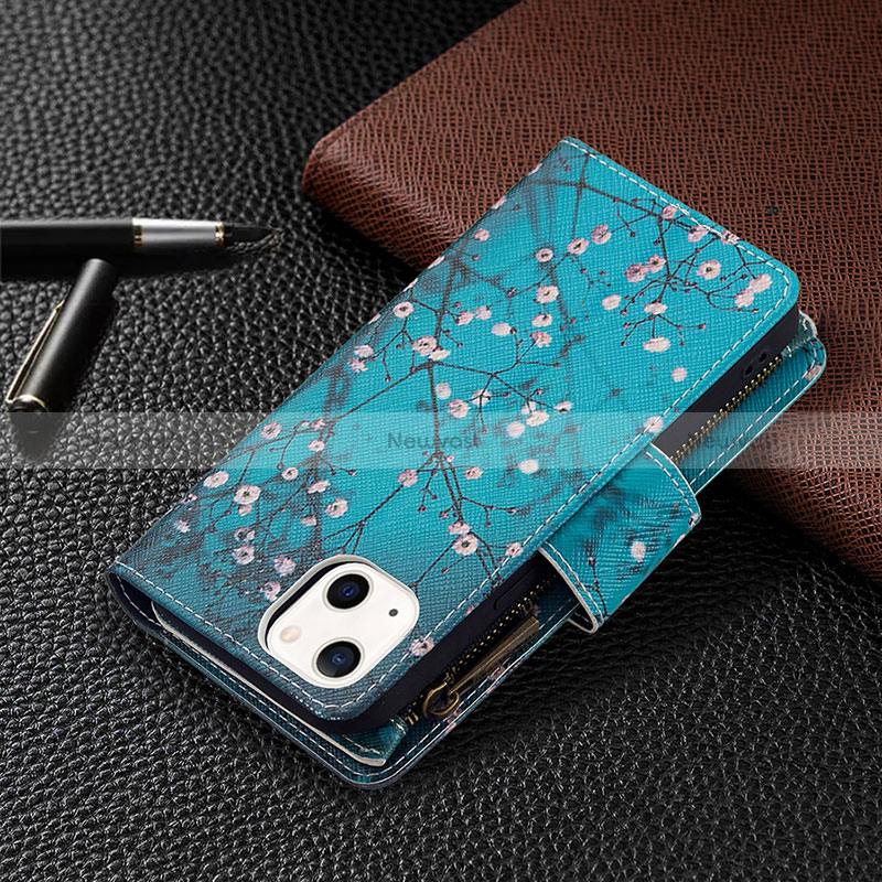 Leather Case Stands Flip Flowers Cover L03 Holder for Apple iPhone 15 Cyan