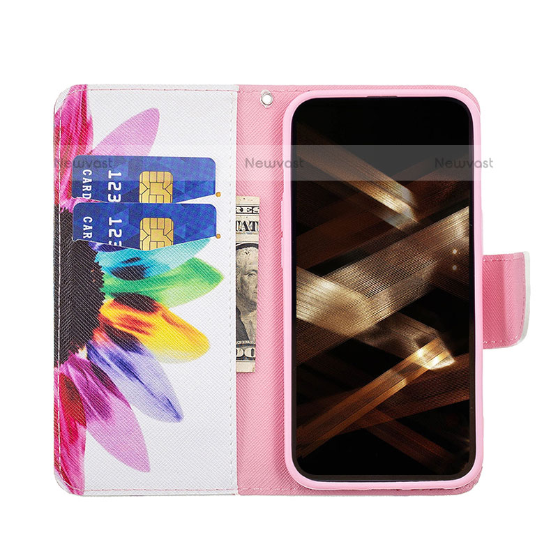 Leather Case Stands Flip Flowers Cover L03 Holder for Apple iPhone 15 Pro Max Pink