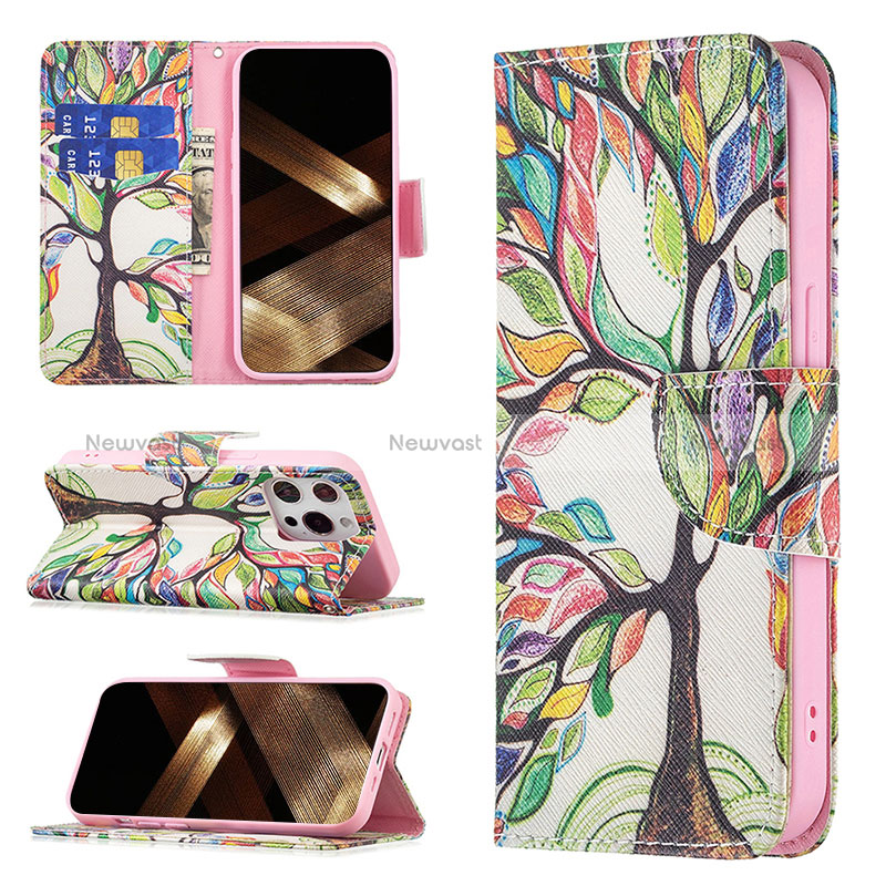 Leather Case Stands Flip Flowers Cover L03 Holder for Apple iPhone 15 Pro Mixed