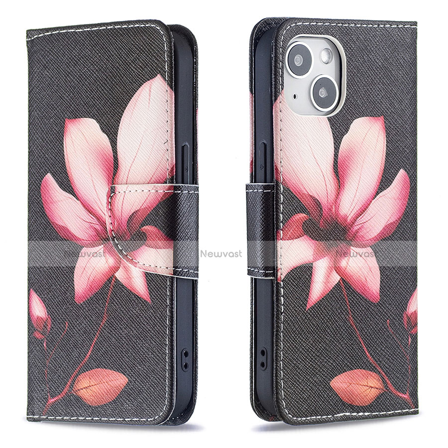 Leather Case Stands Flip Flowers Cover L07 Holder for Apple iPhone 14 Brown