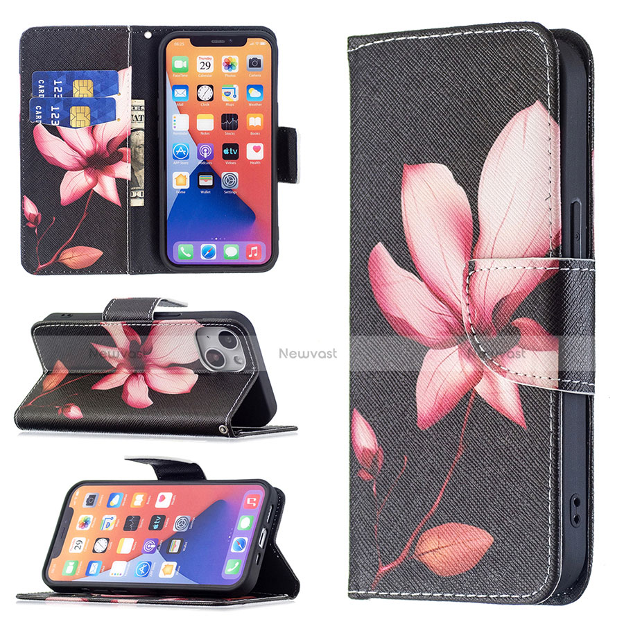 Leather Case Stands Flip Flowers Cover L07 Holder for Apple iPhone 14 Brown