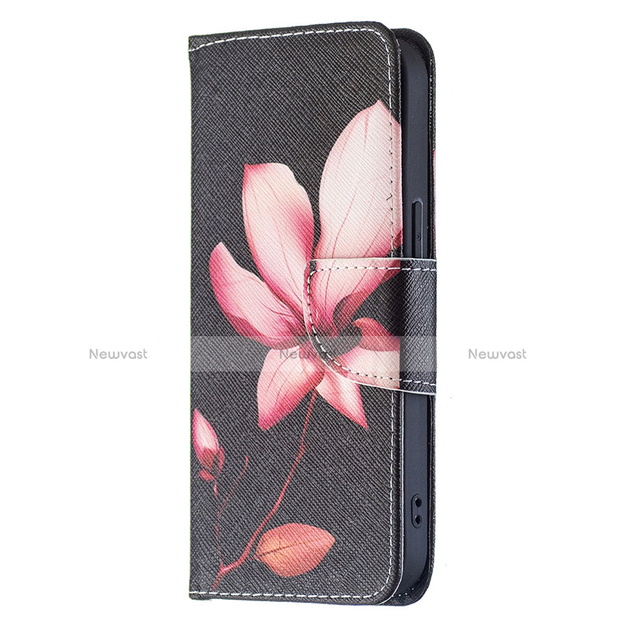 Leather Case Stands Flip Flowers Cover L07 Holder for Apple iPhone 14 Brown