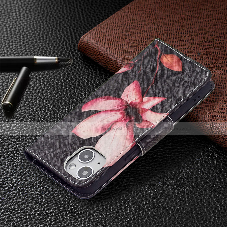 Leather Case Stands Flip Flowers Cover L07 Holder for Apple iPhone 14 Plus Brown