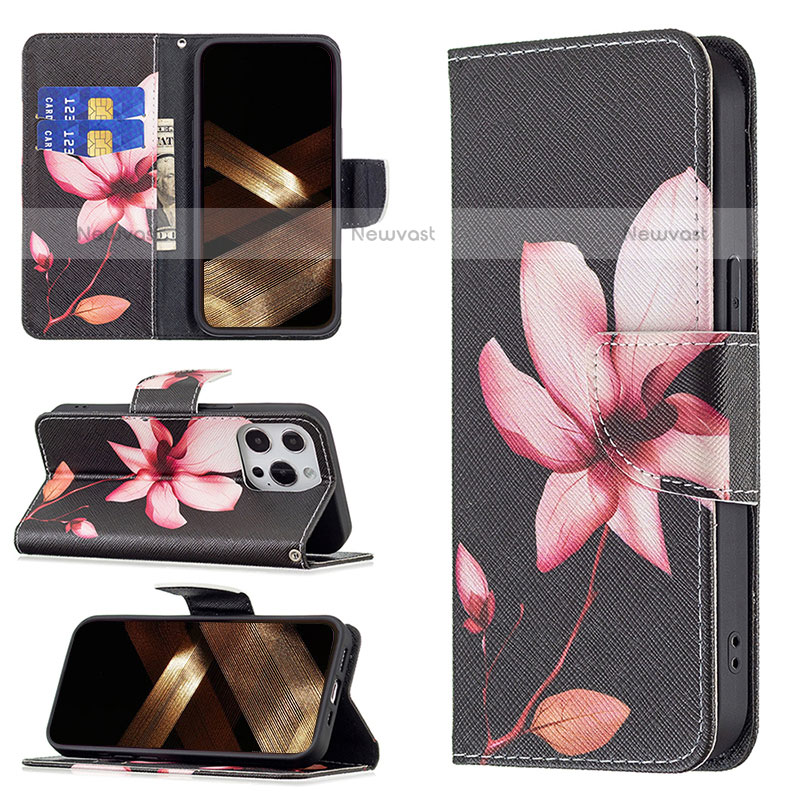 Leather Case Stands Flip Flowers Cover L07 Holder for Apple iPhone 15 Pro Max Brown